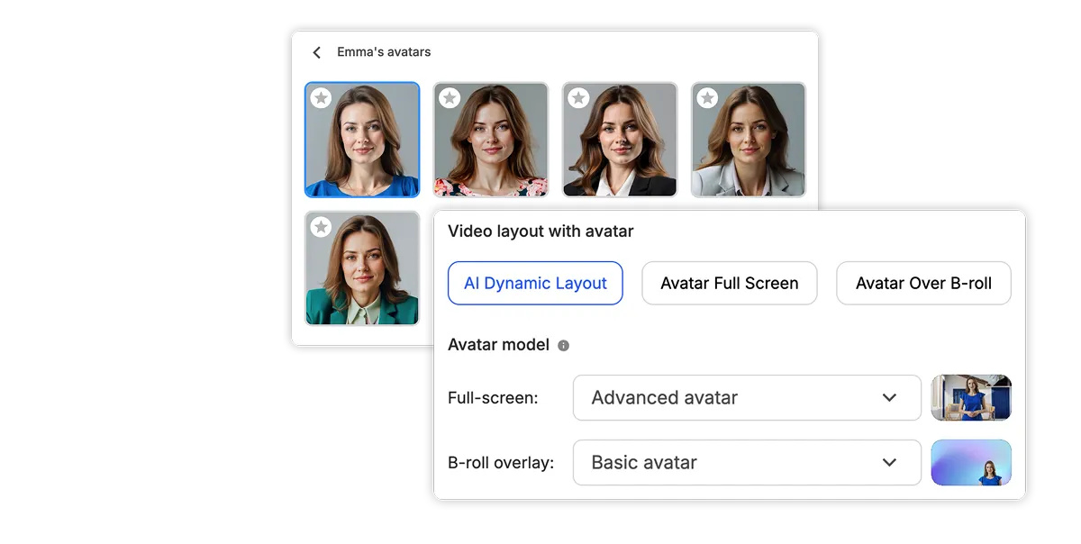 AI avatar presenter moving between full-screen scenes and b-roll in Visla
